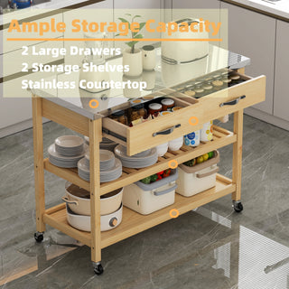 Stainless Steel Countertop Solid Wood Kitchen Cart with Storage Drawers and Shelves – Rotatable Kitchen Island with Steel Table Top and Tower Rack, Rolling Utility Trolley Cart for Kitchen and Dining