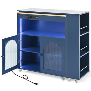 K&K Rolling Kitchen Island With Extended Table, Kitchen Island on Wheels with LED Lights,Power Outlets and 2 Fluted Glass Doors, Kitchen Island with a Storage Compartment and Side 3 Open Shelves, Navy