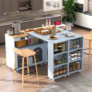 K&K Rolling Kitchen Island with Extended Table, LED Lights, Power Outlets, 2 Fluted Glass Doors, Storage Compartment and 3 Open Shelves, Grey