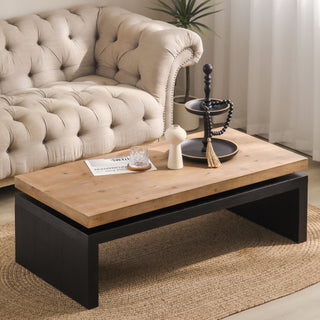 Black and Natural Wood Living Room Coffee Table, 2-Tiered Wood Tabletop, 47.6" L x 23.6" W x 16.3" H