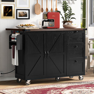 K&K 54.5" Farmhouse Kitchen Island with Power Outlet, Internal Storage Rack, Drop Leaf, Spice Rack, Rolling Cart on Wheels, for Kitchen, Dining Room, Black