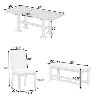 TOPMAX Farmhouse 76inch 6-Piece Extendable Dining Table Set Trestle Kitchen Table Set with 18inch Removable Leaf and Upholstered Dining Chair and Bench for Dining Room, Natural