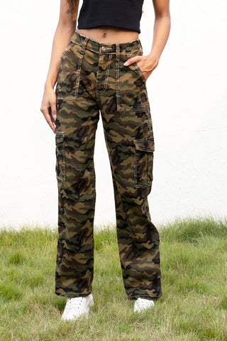 Camouflage Straight Leg Cargo Pants for Women