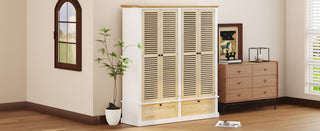 4 Shutter Door Wardrobe Armoire Closet with 2 Drawers, Natural and White