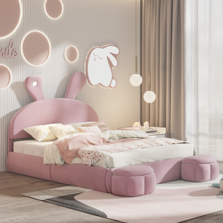 Full Size Upholstered Platform Bed with Cartoon Ears Shaped Headboard and Light, Pink