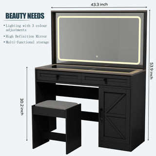 43.3in. Makeup Vanity Table with Large Mirror, Led Light, Adjustable Brightness, 3 Drawers, and Stool (Black)