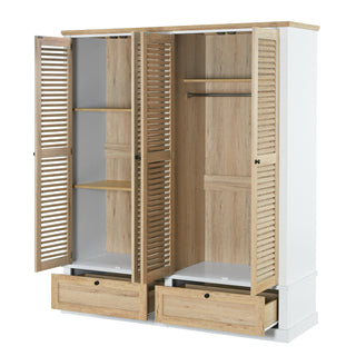 4 Shutter Door Wardrobe Armoire Closet with 2 Drawers, Natural and White