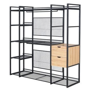 Open-Style Wardrobe with Hanging Rails, Shelves and Drawers, Black