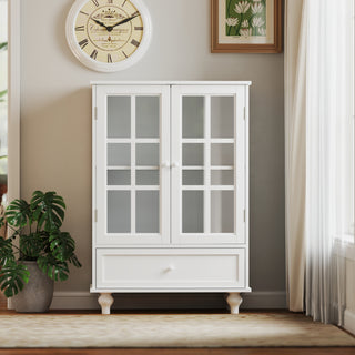 Minimalist White Buffet Cabinet with Double Glass Doors and Drawer, Modern Wooden Storage Sideboard Cupboard for Living Room, Dining Room, Hallway, Entryway