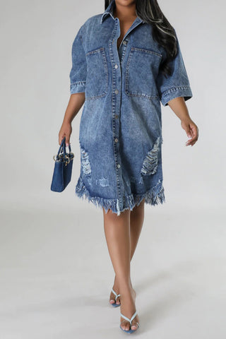 Distressed Raw Hem Button Up Denim Dress for Women