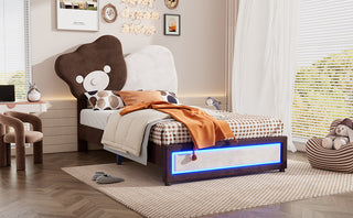 Twin Size Upholstered Platform Bed with Bear Shaped Headboard, LED Light Strips, White + Brown