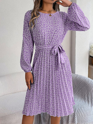 Ditsy Floral Tie Waist Pleated Dress