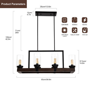 Matte Black / Wood Grain Metal Chandelier Fixture, 6-Light Ceiling Pendant Light for Living Room, Bedroom, Dining Room, Adjustable Height, E26*6 (Bulbs Not Included), W36.6" x W13.5" x H42.9"