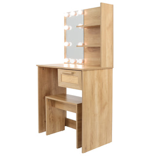 Vanity Desk Set Stool & Dressing Table with LED Lighting Mirror Drawer and Compartments Modern Wood Cosmetic Table Chest of Drawers Nature Color