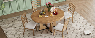 TREXM 5-Piece Retro Rustic Functional Dining Set – 1 Extendable Table with 16-Inch Leaf and 4 Upholstered Chairs, Unique Geometric Design, Ideal for Dining Room and Kitchen (Natural)