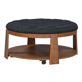 Modern Large Round Ottoman Coffee Table 2-Tier Oversized Button Tufted Ottoman with Wood Shelf Storage Upholstered Coffee Table for Living Room Footrest Ottoman with wheel, waterproof Linen