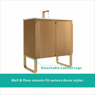 U093-Dalia30F-107 30" Light Wood Bathroom Vanity with Ceramic Sink – Freestanding & Wall Mounted, Large Storage, 2 Doors, Metal Support