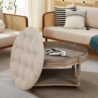 Large Round Waterproof Ottoman Coffee Table 2 Tier Oversized Button Tufted Ottoman with Wooden Shelf Storage Farmhouse Upholstered Coffee Table Living Room Footstool Ottoman Linen