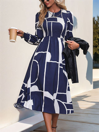 Perfee Smocked Color Block Long Sleeve Midi Dress