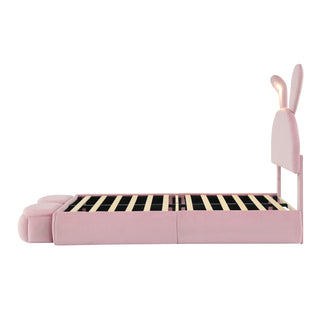 Twin Size Upholstered Platform Bed with Cartoon Ears Shaped Headboard and Light, Pink