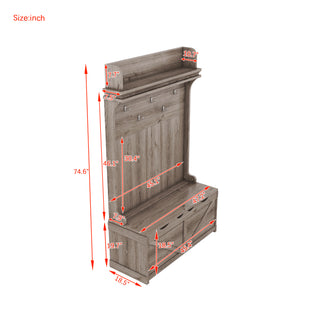 Hall Tree with Storage Bench, Entryway Bench with Drawer and 5 Hooks, Coat Rack with Display Shelf for Hallway Entryways, Oak