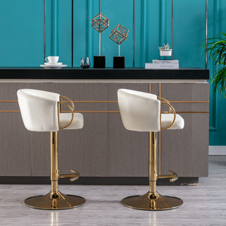 Set of 2 luxurious Ivory Velvet Bar Stools with Gold Legs, Chrome Footrest, Swivel & Adjustable Height