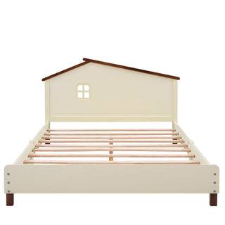 Full Size Wood Platform Bed with House-shaped Headboard  (Cream+Walnut)