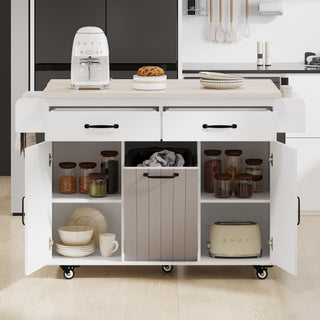 K&K Kitchen Island with Trash Can Storage Cabinet, Drop Leaf, Spice Rack, Towel Rack, Drawer, Rolling Kitchen Cart on Wheels with Adjustable Shelf, White
