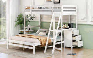 Twin over Full Bunk Bed with Built-in Desk and Three Drawers, White