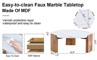 Modern MDF Coffee Table with White Top and Wood Texture MDF Legs, Hexagonal Design for Living Room and Guest Room