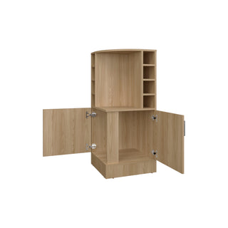 Fm Furniture Toyei Corner Bar Cabinet with Bottle Rack, Open Shelves, and Hidden Storage, Natural Oak