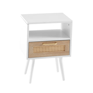 15.75" Rattan End table with  drawer and solid wood legs, Modern nightstand, side table for living room, bedroom, white