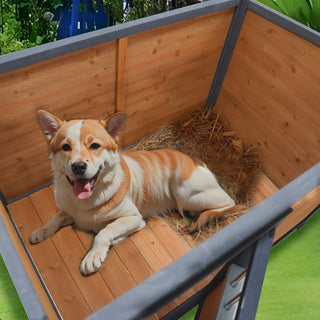 45"large solid wood dog house, waterproof PVC plastic roof, breathable wooden doors