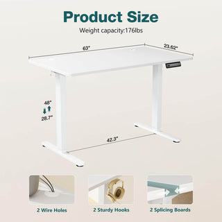 Electric Height Adjustable Standing Desk, Sit to Stand Ergonomic Computer Desk,White,63x24in