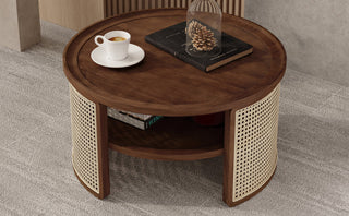 2-Tiered Round Walnut Wood Coffee Table with Storage Rattan Base in 31.3''