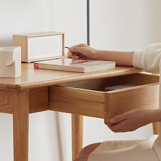 100% Solid Wood Natural Oak Computer Desk – Slim Study Desk with Drawer, Work Desk, Dressing Table, 100 cm Width, 50 cm Depth, Wood Grain Finish