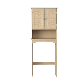 Over The Toilet Storage Cabinet, Bathroom Shelves Over Toilet with 2 Rattan Doors&Adjustable Shelves&Open Storage Shelf-Natural Wood