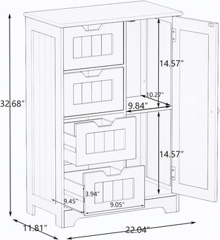 White freestanding storage cabinet with adjustable shelves, 4 drawers, and 1 door