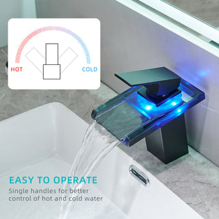 Led Bathroom Sink Faucet with 3 Color Changing Waterfall Glass Spout, Hot/Cold Mixer, Single Handle, Black Deck Mounted