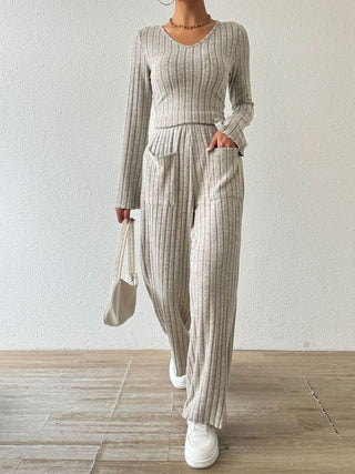 Ribbed V-Neck Long Sleeve Top and Pocketed Pants Set