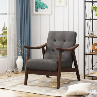 Mid-Century Modern Accent Chair, Tufted Armchair with Dark Gray Upholstery and Brown Frame, 1-Piece