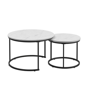 Nesting Coffee Table Set of 2, 27.6inch Round Coffee Table Wood Marble Pattern Top with Sturdy Metal Frame, End Table Side Tables for Living Room Bedroom Balcony Yard (White)