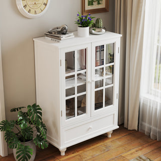 Minimalist White Buffet Cabinet with Double Glass Doors and Drawer, Modern Wooden Storage Sideboard Cupboard for Living Room, Dining Room, Hallway, Entryway