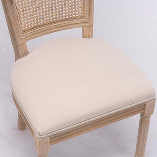 French Style Solid Wood Frame Linen Fabric Square Rattan Back Dining Chair,Set of 2,Cream