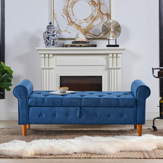 62" Bedroom Tufted Button Storage Bench, Modern Fabric Upholstered Ottoman, Window Bench, Rolled Arm Design for Bedroom, Living Room, Foyer (Blue)