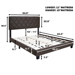 BROWN QUEEN SIZE ADJUSTABLE UPHOLSTERED BED FRAME STAIN RESISTANT PVC LEATHER PLAID DESIGN SIMPLE STYLE