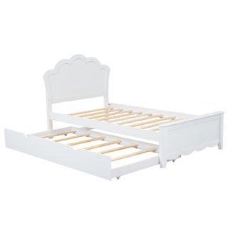 Twin Size Wood Platform Bed with Headboard and Twin Size Trundle, White