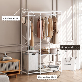 Portable Wardrobe Clothes Rack, Freestanding Clothing Rack with Bottom Mesh Storage, Multi-Functional Bedroom Clothing Rack with Premium Oxford Cloth Storage Bag, White