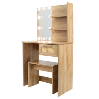 Vanity Desk Set Stool & Dressing Table with LED Lighting Mirror Drawer and Compartments Modern Wood Cosmetic Table Chest of Drawers Nature Color