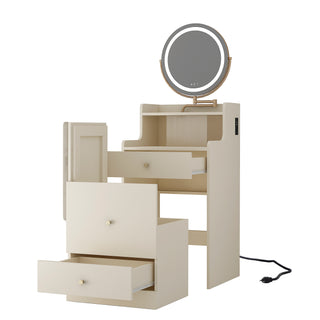 3 in 1 Vanity Desk With mirror and light ,Small makeup vanity set with charging station, With 2 drawers and open storage space, with upholstered stool, Compact Dressing Table Writing Desk for Small Sp